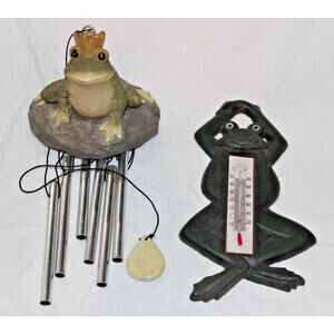 Resin Frog Prince Wind Chime & Metal Casted Frog Thermometer Indoor Outdoor